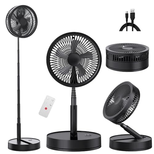 Image of Portable Oscillating Standing Pedestal Fan with Remote Control, 8.6 inch Silent 8000mAh Rechargeable Battery USB Powered Floor Fan, Height Adjustable Foldable Desk Table Fans for Bedroom Home Black