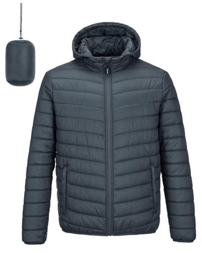 Image of Outdoor Ventures Mens Puffer Jacket Lightweight Water Resistant Hooded Jacket Insulated Puffy Coat Winter Packable Men's Jacket with Pockets for Hiking Camping Travelling Dark Grey S