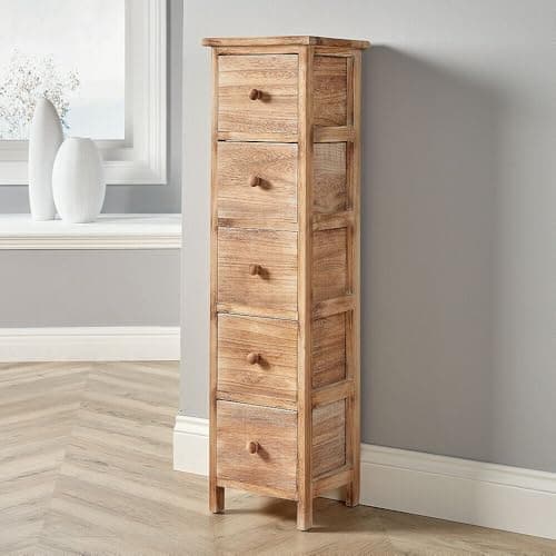 Image of Home Source Natural Wooden Chest of Drawers, Tallboy Storage Unit Bedroom Organiser Bedside, 5 Drawer