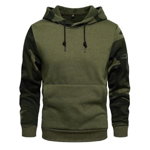 Image of AOTORR Mens Hoodies Pullover Camo Hooded Sweatshirt Patchwork Top Long Sleeve Hoody Casual Tops with Kanga Pockets WY14A Army Green 2XL