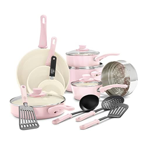 Image of GreenLife Soft Grip Healthy Ceramic Nonstick 16 Piece Kitchen Cookware Pots and Pans Set, Includes Frying Pan Skillets Sauce and Casserole, PFAS-Free, Oven Safe, Pink