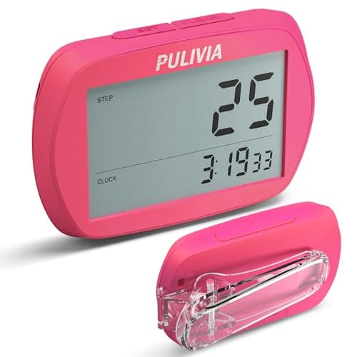 Image of PULIVIA Pedometer for Walking 3D Step Counter with Clock, Simple Operation Portable Steps Tracker with Clip Lanyard, Red