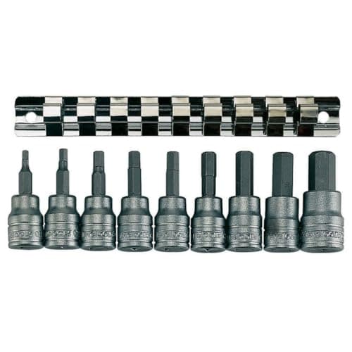 Image of Teng M3812 9‑Piece 3/8in Drive Metric Hex Bit Socket Set – Chrome Vanadium, Sizes 3–12mm, Includes 165mm Clip Rail – Durable Socket Set for Mechanics, DIY and Workshop Use