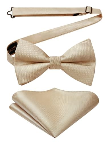 Image of HISDERN Mens Bow Tie Champagne and Handkerchief Set Pre-tied Stain Bow Tie England Beige for Adult Wedding Meetings Graduation Opera
