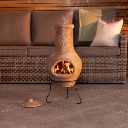 Image of CHARLES BENTLEY Outdoor, Garden, Patio, Medium, Open Bowl, Natural Clay Chimenea, Patio Heater, Easy To Assemble, Rustic Finish, Sun Design, Burns Wood, Clay And Steel Stand, Weatherproof (80x35cm)