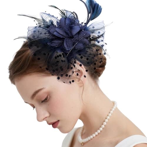 Image of Viiotu Elegant Womens Wedding Fascinator Hat – Feather Mesh Flower Headpiece with Headband & Hair Clip, Stylish Bridal Party Tea Party Hat (Navy, OneSize)