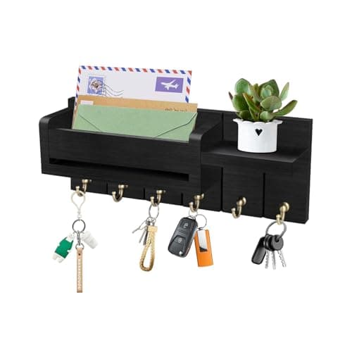 Image of Key Holder for Wall - Key Hooks Wall Mounted with Shelf, Wooden Key Rack Letter Holder with 6 Hooks, Key Hooks for Home Decor, Key Hanger with Coat Hooks, Box Key Holders for Entryway Hallway (Black)