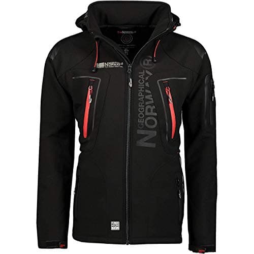 Image of Geographical Norway Techno Men - Men's Waterproof Softshell Hooded Jacket - Comfortable Outdoor Jacket Tactical Windbreaker - Hiking Skiing Autumn Winter Spring (Black-red 3XL)