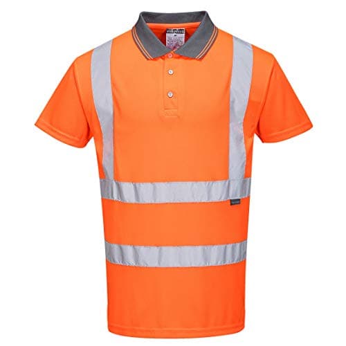 Image of Portwest RT22 Hi Vis Polo Shirt Mens Short Sleeve Breathable Mesh Durable T Shirt Reflective Workwear Construction Rail Highways Warehouse Outdoor Utilities, Orange, L