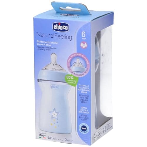 Image of Chicco Natural Feeling Anti-Colic Baby Bottle 6+ Months 330 ml, Baby Bottle with Soft and Flexible Silicone Teat, Suitable for Breastfeeding, Blue