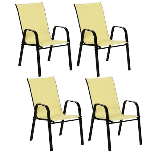Image of Outsunny 4 Pieces Garden Chairs, Stackable Outdoor Chairs with High Backrest and Armrest, Breathable Mesh Fabric Dining Chair Set of 4, Beige