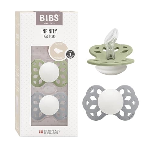 Image of BIBS Infinity Anatomical Glow in the Dark Soother 2-Pack, BPA Free, Orthodontic Nipple. Silicone, Made in Denmark, Size 1 (0-6 Months), Sage Glow/Cloud Glow