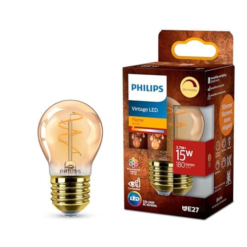 Image of Philips Vintage Amber Spiral P45 Bulb, Dimmable, Flicker-Free, EyeComfort, 180 Lumen, Flame (1800 K), 2.7 W=15 W, E27 Base, 1-Pack