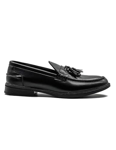 Image of Xposed Men’s Black Faux Leather Tassel Loafers with Leather Lining & Cleated Sole | Smart Formal Slip-On Shoes