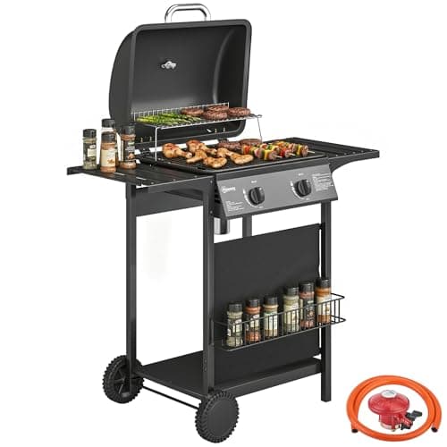 Image of Outsunny Gas Burner Barbecue Grill, 2 Burner Gas Grill with Side Tables, Garden BBQ Grill with Warming Rack, Shelf, Thermometer, Piezo Ignition, Grease Tray, Black