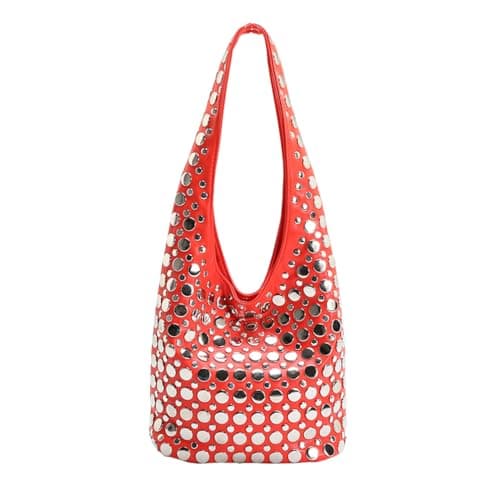Image of Ophlid Stylish Studded Hobo Bag Y2K Rivets Bucket Purse for Women Trendy Small Shoulder Tote Handbag, Red, S