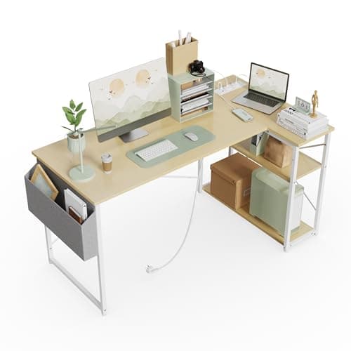 Image of BEXEVUE Small L Shaped Desk with Power Outlets - 120x70cm Corner Computer Desk Writing Table, Reversible Large Storage Shelves, Bookshelf Workstation for Study Play Work Bedroom Home Office Beige
