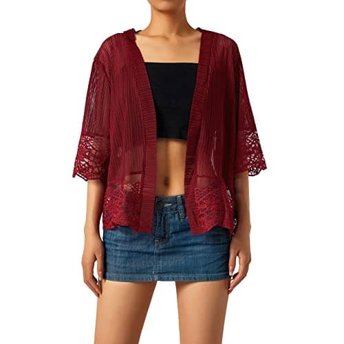 Image of Edhomenn Women Sheer Shrug Cardigan Short Sleeve Solid Color Lace Patchwork Lightweight Knit Shrugs Ladies Bolero Cardigans (Wine Red, L)