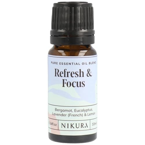 Image of Nikura Refresh & Focus Essential Oil Blend - 10ml | Made from Bergamot, Eucalyptus, Lavender & Lemon | for Aromatherapy, Diffusers, Soap Making, Candle Making, Studying | Vegan & UK Made