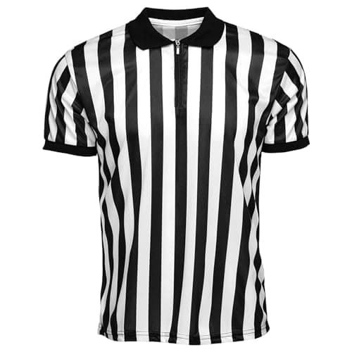 Image of Men's Official Umpire Jersey - Black & White Striped Turned Collar Referee Shirt - Sports Outfit For Teenagers & Adults