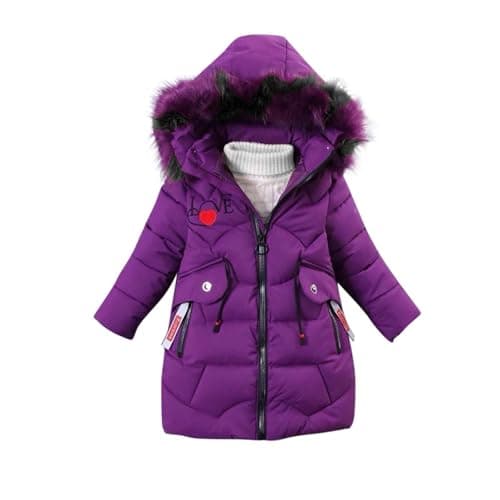 Image of AMhomely Kids Puffer Jacket Girls Long-Girls Quilted Coats with Faux Fur Hood,Pocket,Love Graphic,Full Zip,Windproof,Thick,Winter Padded Jacket,Outdoor Overcoat A Purple 8-9 Years