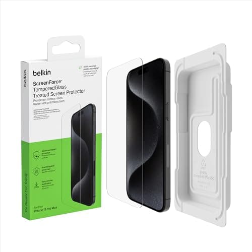 Image of Belkin ScreenForce TemperedGlass Treated Screen Protector for iPhone 15 Pro Max, Slim, Crystal Clear, Scratch-Resistant Tempered Glass Film, Includes Easy Align Tray for Bubble Free Application