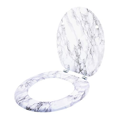 Image of Anika Marble Effect Toilet Seat, Chrome Hinges, Standard Fit, Easy Installation, Moisture Resistant, Easy to Clean, 43cm x 37.5cm