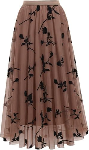 Image of comefohome Skirts for Women UK Elasticated Waist Midi Length Pleated Tulle Skirt A Line Floral Long Summer Skirts Khaki 2XL-3XL