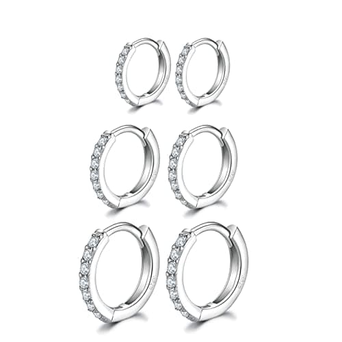 Image of Silver Hoops Earrings for Women, 925 Sterling Silver Post Small Silver Hoop Earrings with AAA Cubic Zirconia, 3 Pairs Small Sleeper Hoops Huggie Hinged Earrings (8/10/12mm)