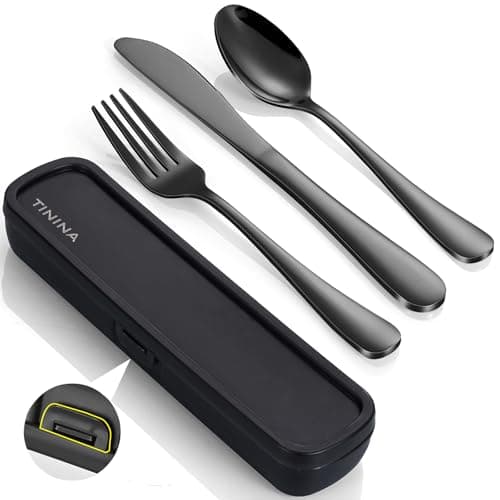 Image of Camping Cutlery Set with Case, 4-Piece Stainless Steel Portable Travel Utensils, Reinforced Case with Snap-Lock Closure, Lunch Box for Camping Work School, Fork Spoon Knife, Dishwasher Safe, Black