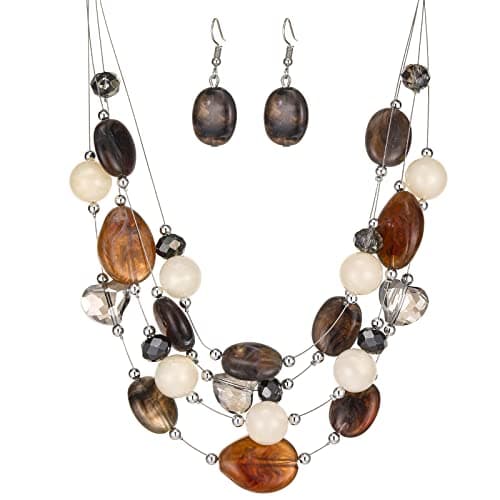 Image of FULU AUTUMN Silver Layered Statement Necklaces for Women Handmade Beaded Necklace Costume Jewellery Birthday Gifts for Women(40-1-Dark coffee)