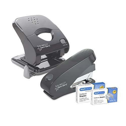 Image of Rapesco 1633 Germ-Savvy Antibacterial, ECO Luna Less Effort Stapler & ECO X5-40ps Less Effort Hole Punch Set, Dark Grey