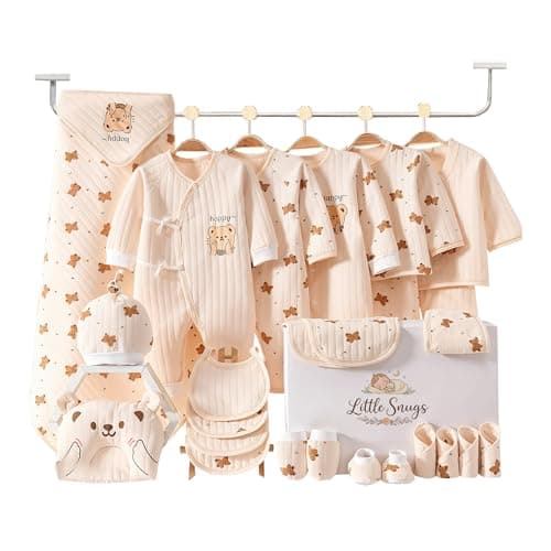 Image of Little snugs 26 Piece Newborn Baby Gift Set – Unisex Baby Layette Clothing Set with Rompers, Bibs, Hat, Mittens, Booties & Baby Blanket (Beige 3-6)