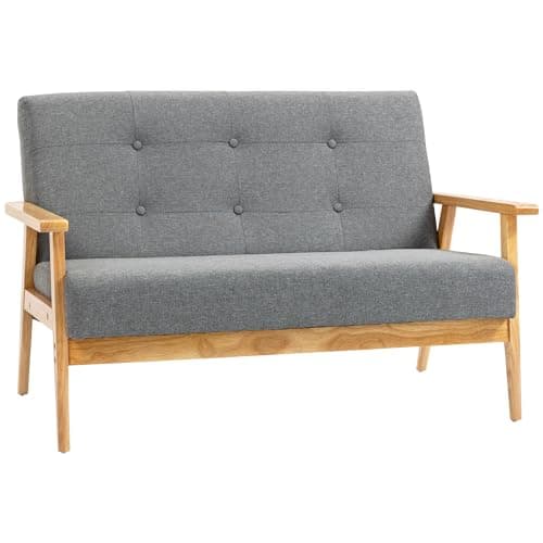 Image of HOMCOM 2 Seater Sofa Modern Linen Fabric Upholstery Tufted Couch with Rubberwood Legs for Living Room and Kitchen, Dark Grey