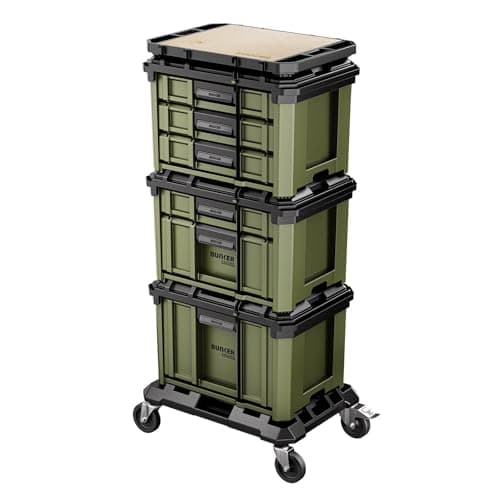 Image of BUNKER Load-Up Tool Box Drawer Stacking System 5-Piece - 6 Drawer Tool Storage, Locking Drawers, Dolly with Braked Castors & Worktop, Heavy-Duty Organiser for Workshops & Garages