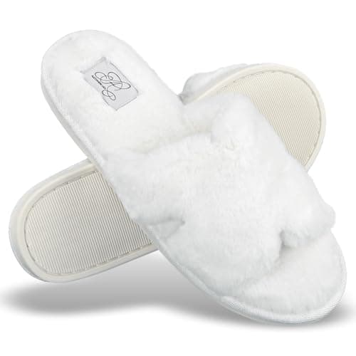 Image of Taylor & Brown Ladies Women's Slip On Furry Faux Fur Peep Toe Mule Slippers - Soft Plush Fluffy Slip-On House Shoes with Warm Cosy Lining & Anti-Skid Sole for Indoor & Outdoor Comfort, White