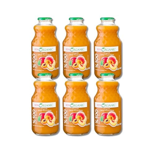 Image of BenOrganic - Organic Peach, Apricot, Apple Juice – Glass Bottles (6 x 946ml), 100% Natural Fruit Juice Drink, No Sugar, No Additives, Not from Concentrate