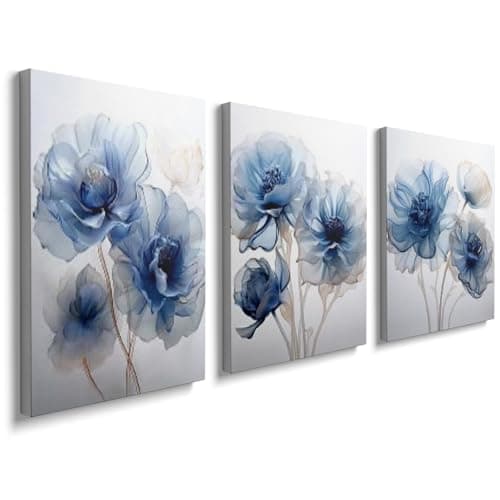 Image of prinfantasy Blue Flower Modern Abstract Paintings - Canvas Wall Art Floral Pictures on Canvas Print 3 Panels Artwork for Living Room Bedroom Office Home Decoration 0406