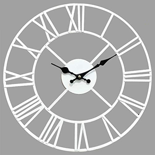 Image of Klass Home 40cm White Metal Large Wall Clock | Silent Non-Ticking Roman Numerals Clock For Living Room, Bedroom, Kitchen, Outdoor, Garden | Home Decor