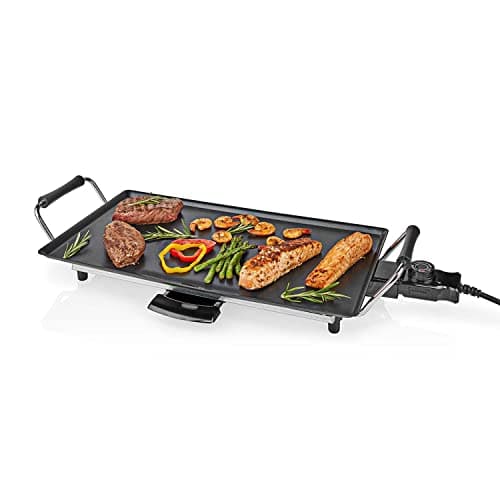 Image of Electric Teppanyaki Grill Plate, Large Non-Stick Table Top Griddle with 47.5cm x 26.5cm Hot Plate, Adjustable Temperature Control and Drip Tray, 2000W - Black