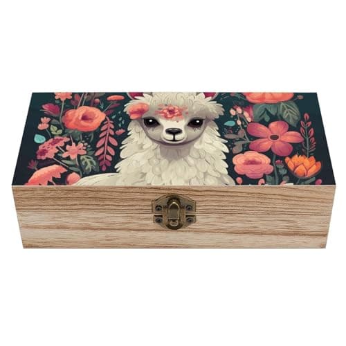 Image of KLJHNVBM Cute Llama Floral Wooden Storage Box - Personalized Wooden Keepsake Box Decorative Card Box with A Hinged Lid Memory Treasure Boxes for Crafts And Photo Storage
