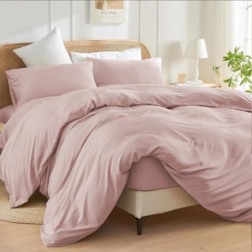 Image of SSW HOMES Double Size Duvet Cover Set (Blush) - 3 Pcs Brushed Microfiber Plain Dyed Quilt Cover - Bedding Set with Button Closure Include 1 Duvet Cover & 2 Pillowcases