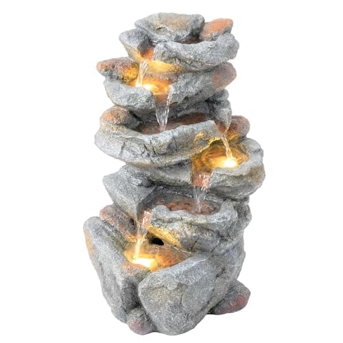 Image of Outsunny Outdoor Water Fountain with 6-Tier Rock Style, Cascading Waterfall Feature with LED Lights, Adjustable Flow, Resin Freestanding Garden Fountain for Patio Garden, Grey
