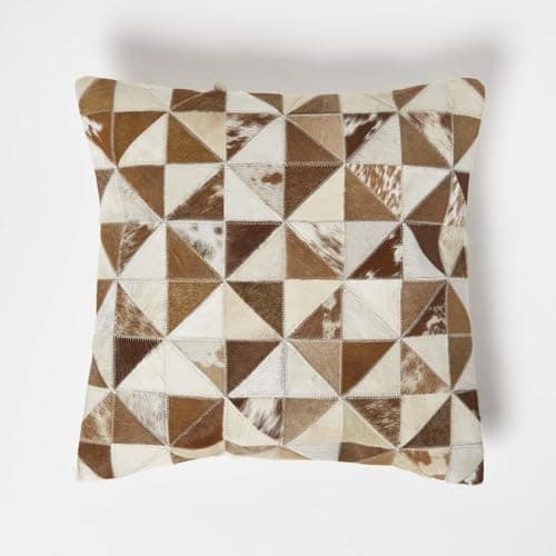 Image of HOMESCAPES Cream & Brown Leather Cushion 45 x 45 cm Diamond Hide Check Cushion With Suede Reverse Real Leather Modern Accent Pillow for Sofa Cushion Insert Included