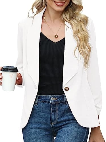 Image of PrinStory Womens Blazer Suit Open Front Cardigan 3/4 Ruched Sleeve Casual Work Office Cropped Blazer Jacket For Ladies (White, 18-20)