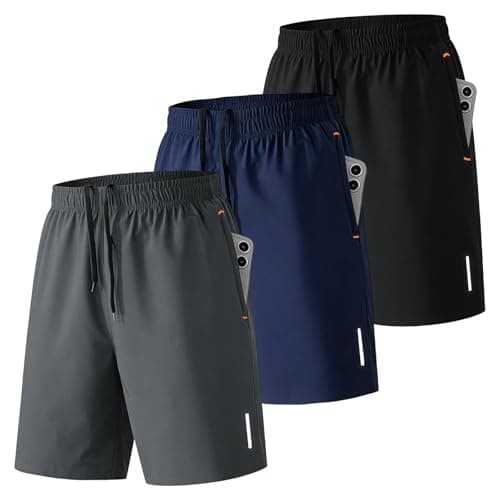 Image of SHAGGA 3 Pack Gym Shorts Men Lightweight Quick Dry Sports Short Inseam 7 with Zipper Pockets for Running Fitness Joggers (UK, Alpha, XL, Regular, Regular, 3pack(Black,Blue,Grey))