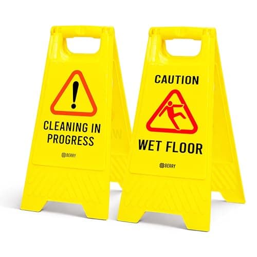 Image of Berry Caution Wet Floor Sign Yellow | Cleaning in Progress Floor Sign Type A Foldable | 2 in 1 Double-Sided Free Standing Slippery Warning Sign for Shops, Hotels, Restaurants & Malls - Set of 2