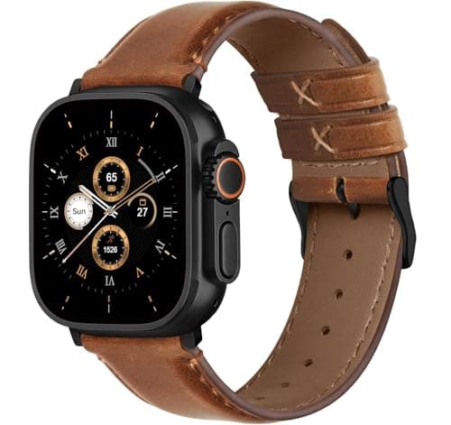 Image of Fullmosa Compatible with Apple Watch Straps 42mm 44mm 45mm 46mm 49mm for Men Women, Leather iWatch Band for Ultra/SE 3 2 1/Series 11 10 9 8 7 6 5 4 3 2 1, Brown+Black Buckle