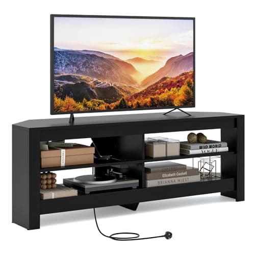 Image of CASART TV Stand Cabinet for TVs up to 60", 140cm Corner TV Unit with Power Outlet & Open Shelves, Modern Media Entertainment Center TV Table for Living Room Bedroom (Black)
