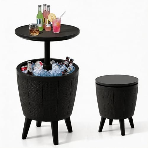 Image of TANGZON 38L Ice Bucket Table, Side Table Beer Cooler with Telescopic Tabletop, All-Weather Outdoor Coffee Cocktail Tables for Backyard Party Poolside